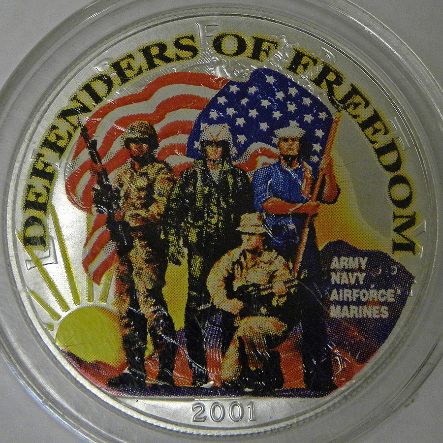 Defenders of Freedom 2001 colorized Silver Eagle (obverse)