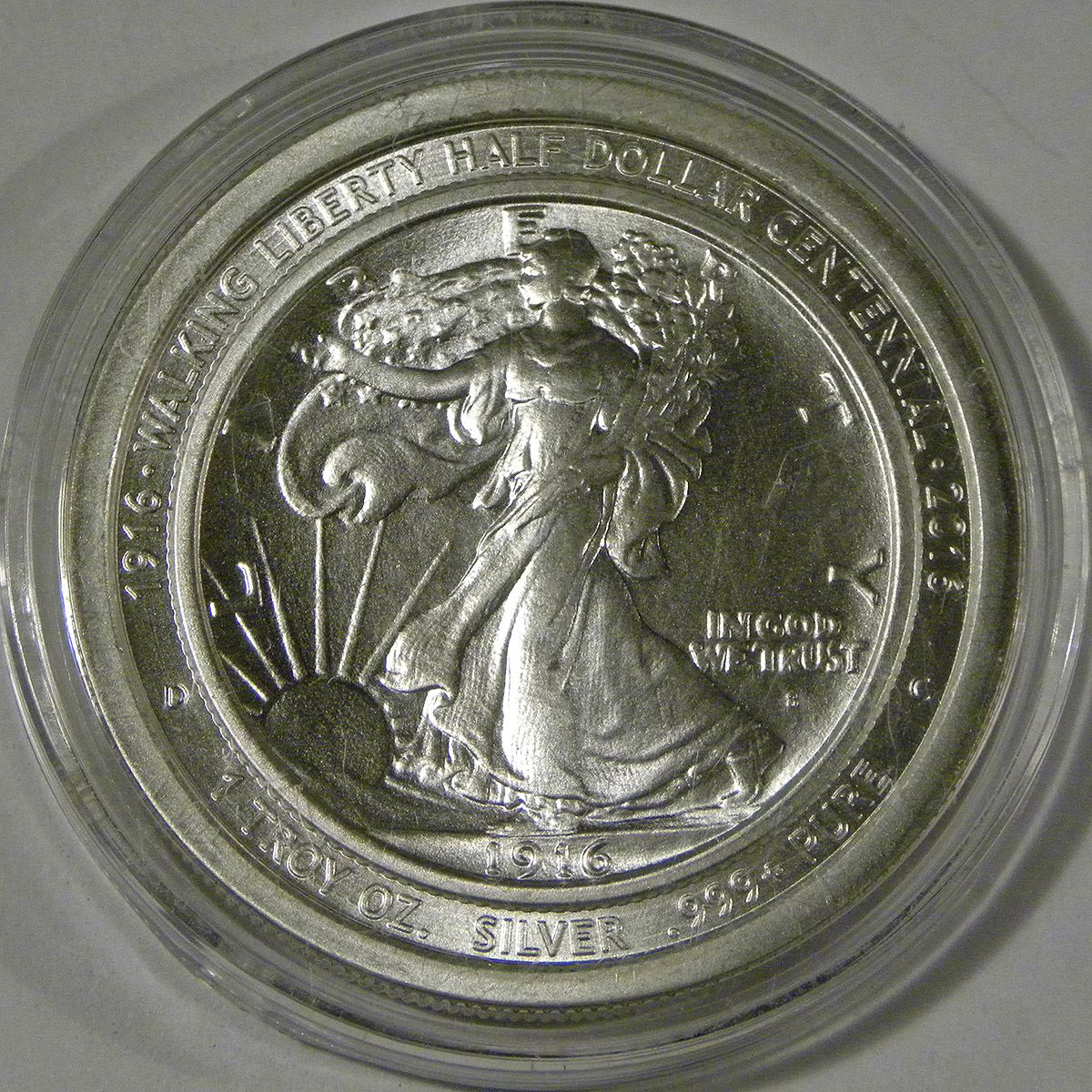 Walking Liberty Half Dollar Centennial silver round (obverse)