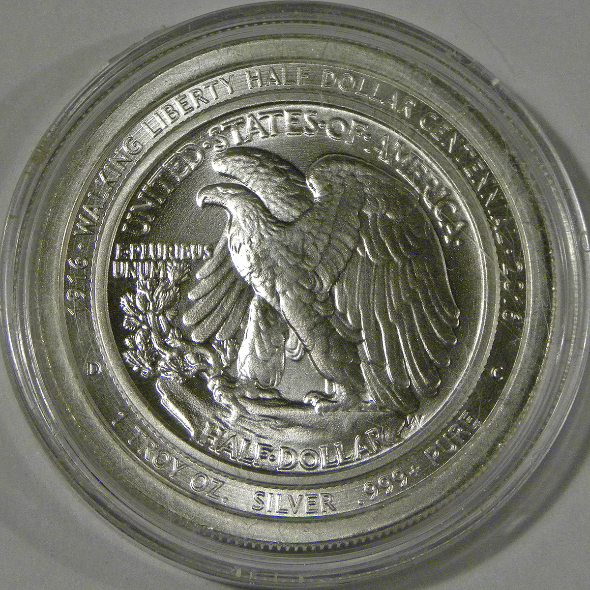 Walking Liberty Half Dollar Centennial silver round (reverse)