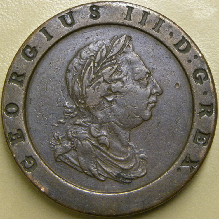 1797 British large copper penny depicting King George III (obverse).