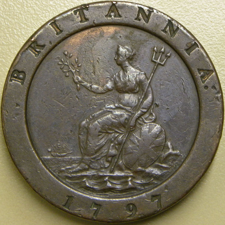 1797 British large copper penny depicting King George III (reverse).