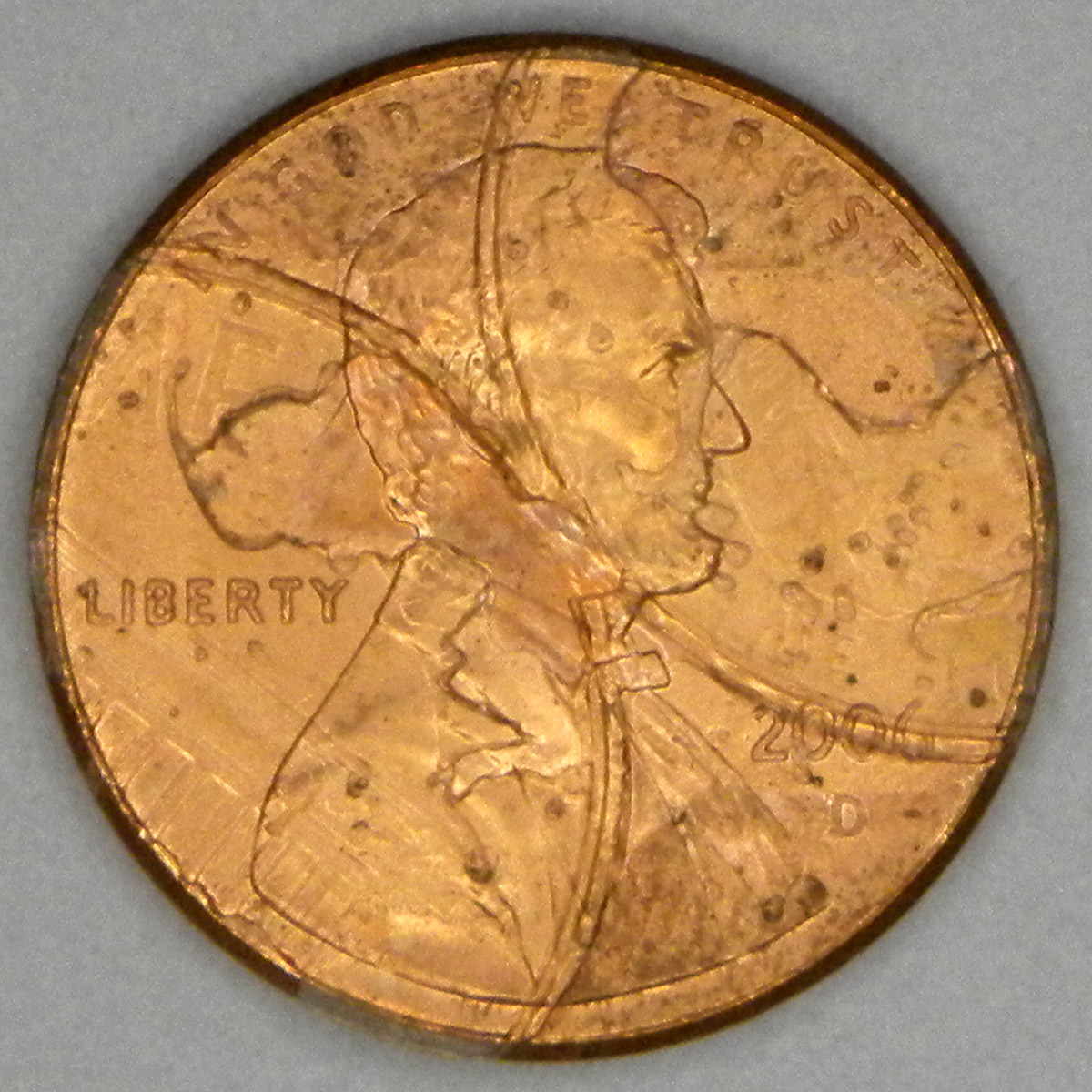 2006-D cent with multiple impressions (outside the mint?) (obverse).